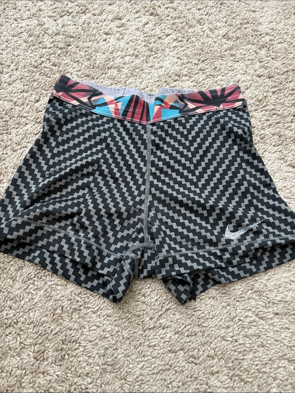 Nike Women's Black Zigzag Athletic Shorts with Multicolor Waistband